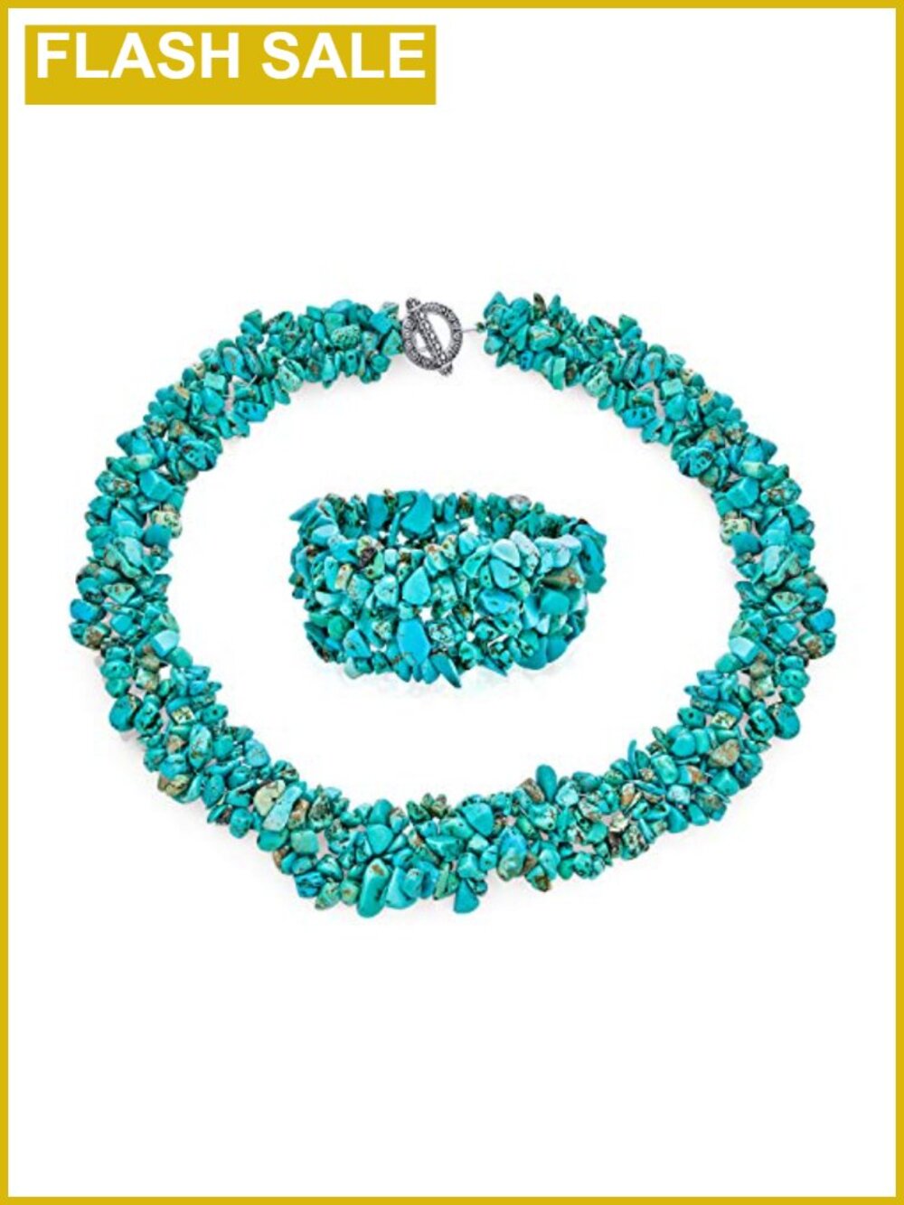 Gemstone Chip Bib Collar Necklace Stretch Bracelet Set Silver Plated Toggle